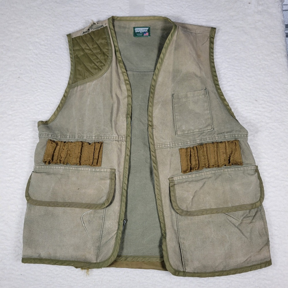 Saf-T-Bak Hunting Vest Mens XL Green Tan Canvas Vintage Game Bag Distressed USA